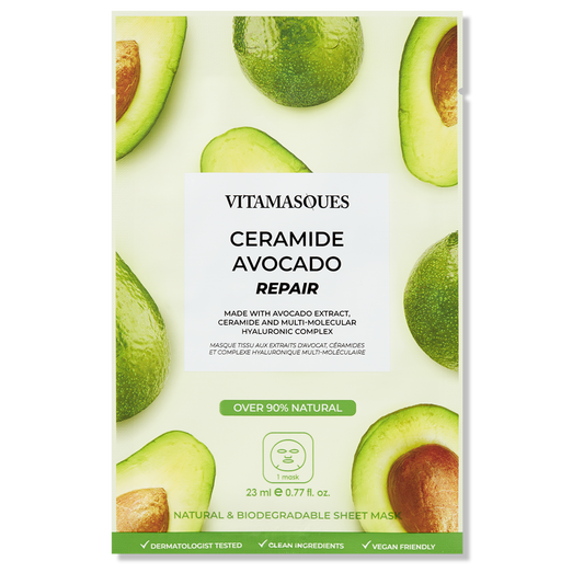 Ceramide Avocado Repair Face Sheet Mask, designed to hydrate and repair with natural ingredients. Discover ocean friendly skincare brands at Eco Skincare.